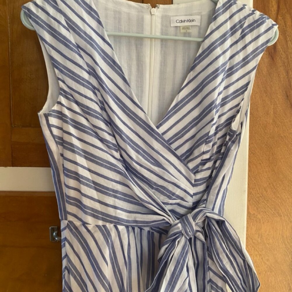Calvin Klein Summery Blue and White Striped Faux-Wrap Dress - Picture 4 of 4